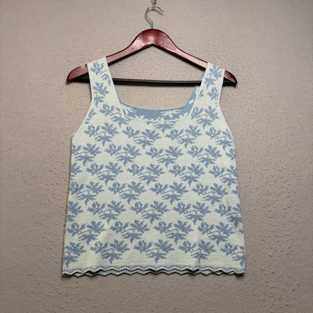Oleana Knit Tank Top Women Large Blue Floral Silk Wool N. 5267 Espeland Norway